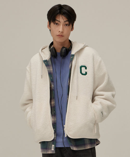 C LOGO COLLARLESS SHERPA JACKET