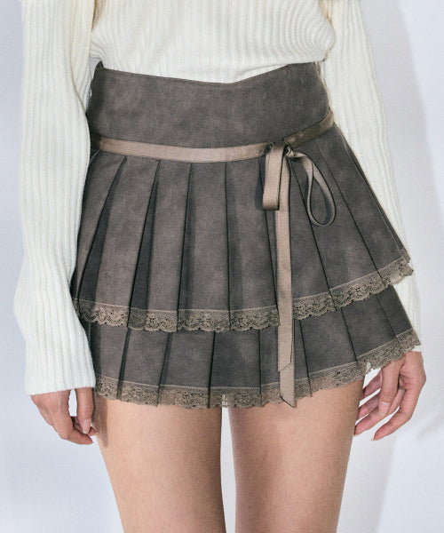 Clare Vegan Leather Pleated Skirt [BROWN]