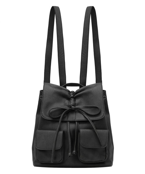Vegan Leather Shirring Ribbon Backpack [BLACK]