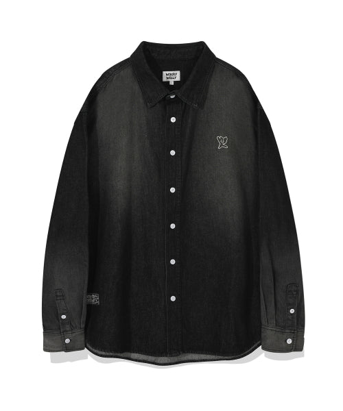 Washed denim long-sleeved shirt black