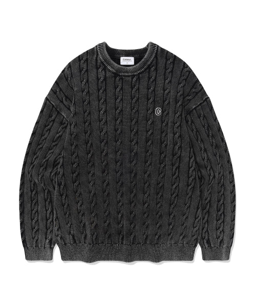 C LOGO CABLE STONE WASHING CREWNECK KNIT
