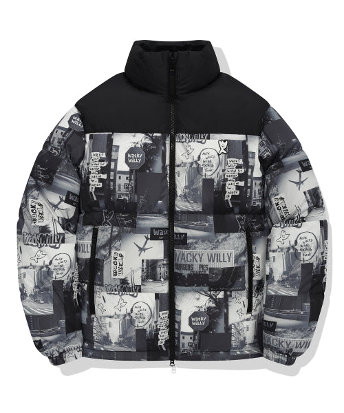 Graphic down puffin short puffer pattern black