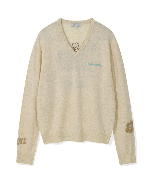 Women's Kiki Embroidery V-Neck Pullover Knit Oatmeal
