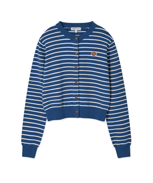 Women's round neck striped cardigan blue