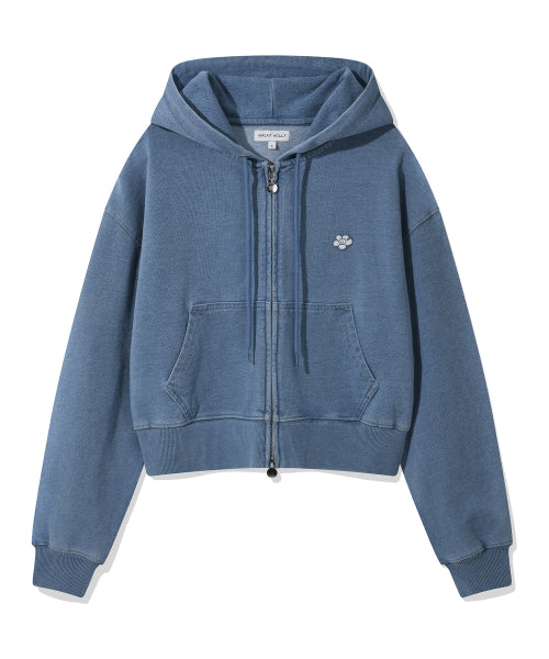 Women's Washing Cropped Hooded Zip-Up Blue