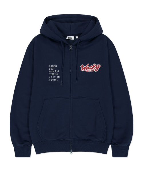 typo applique hooded zip-up navy