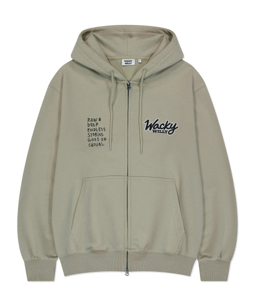 typo applique hooded zip-up beige