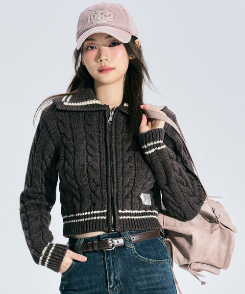 Coty Cable Knit Zip-up [BROWN]