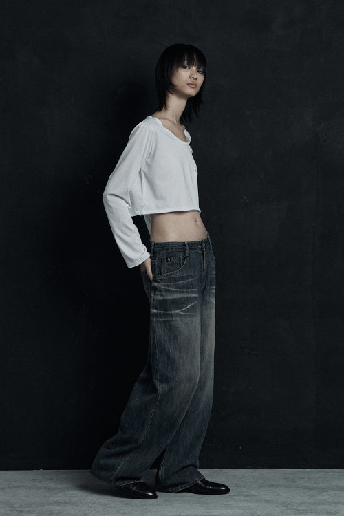 OVERSIZED CAT WASHING DENIM PANTS BLUE