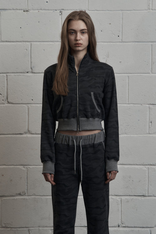 Camo High-Neck Cropped Zip-Up Black