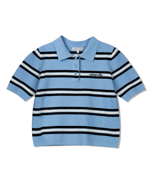 Women's Stripe Collar Short-Sleeved Knitwear Sky Blue