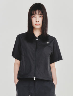 Women's Nylon Short Sleeve Zip-Up Jumper Black