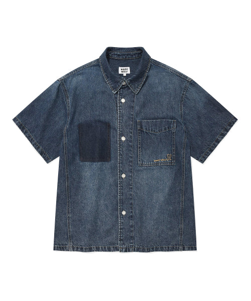 Washing denim short-sleeved shirt sky blue