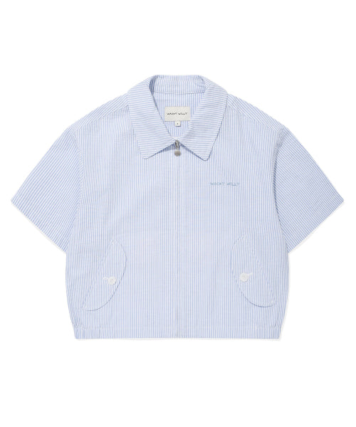 Women's Stripe Short-Sleeved Zip-Up Jumper Sky Blue