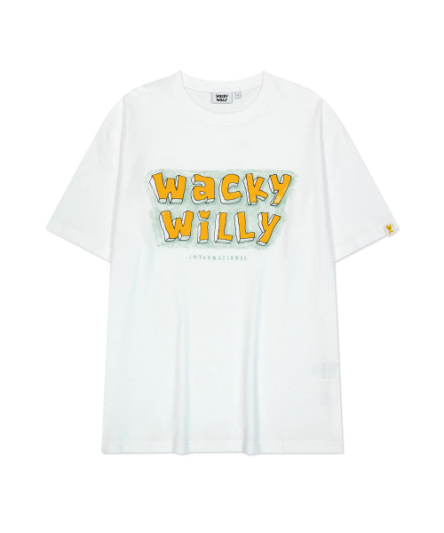 white short-sleeved T-shirt with lettering