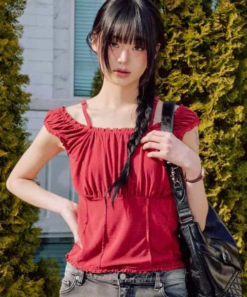 Callie Lace Shirring Top [RED]