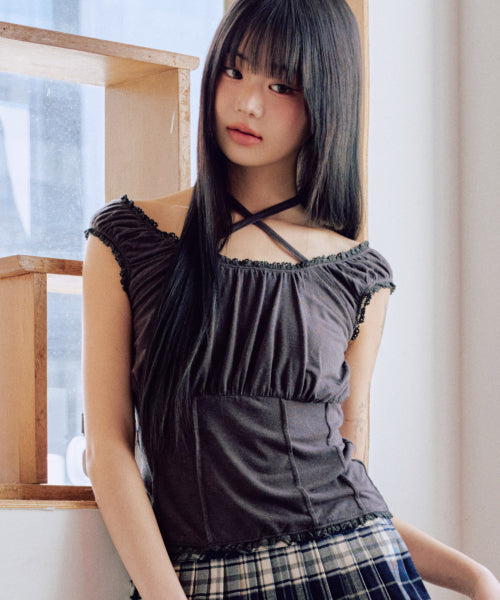 Callie Lace Shirring Top [CHARCOAL]