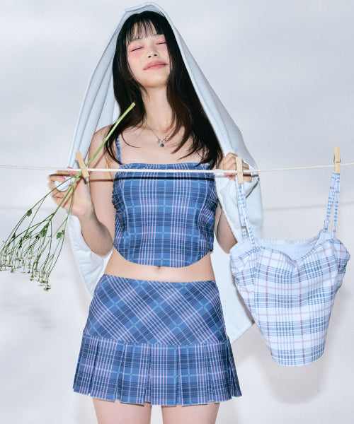 Checkered Bustier Bikini Set [NAVY]