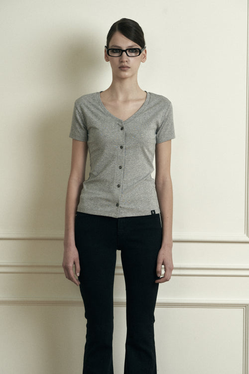 Plain V-neck Short Sleeve Cardigan Melange