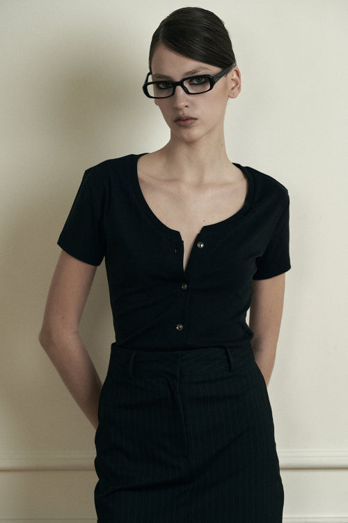 plain V-neck short sleeve cardigan black