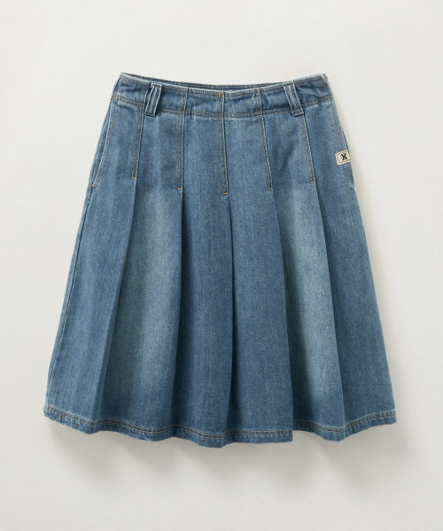 (W) Pleats Denim Midi Skirt Blue