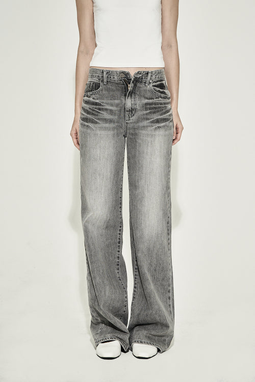 STRAIGHT CAT WASHING DENIM PANTS GRAY