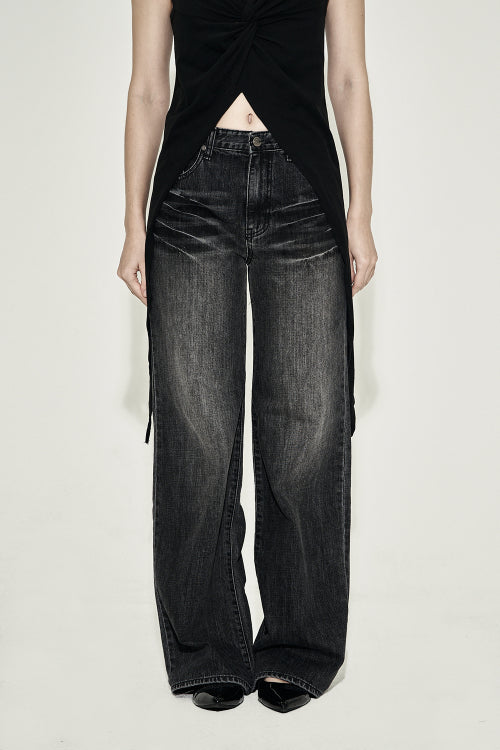 STRAIGHT CAT WASHING DENIM PANTS BLACK