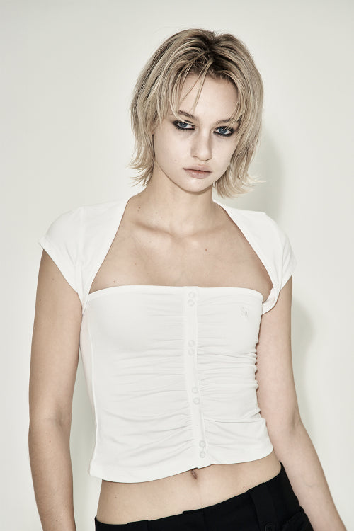 SHIRRING BUTTON SHORT SLEEVE WHITE