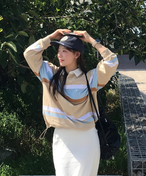 Women's Stripe Collar Long-Sleeved Beige