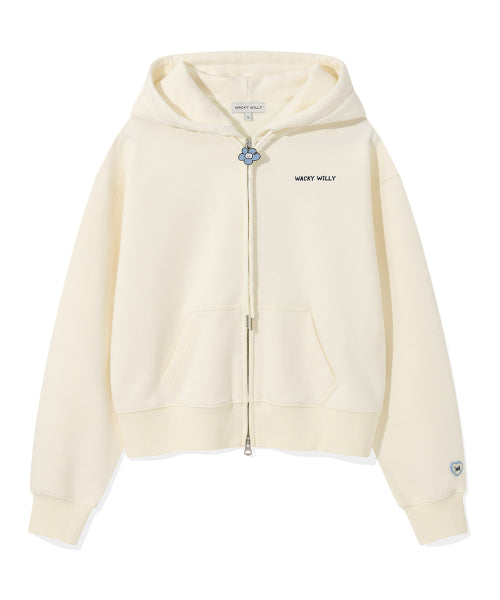 Women's typo logo crop hooded zip-up cream