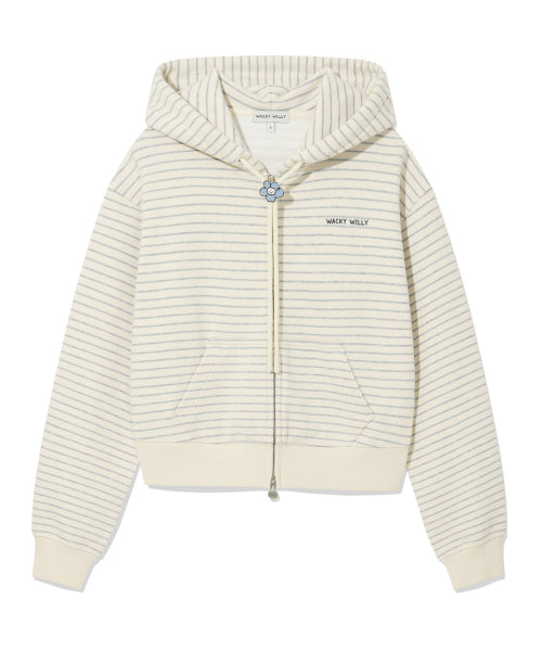 Women's Stripe Crop Hooded Zip-Up Cream