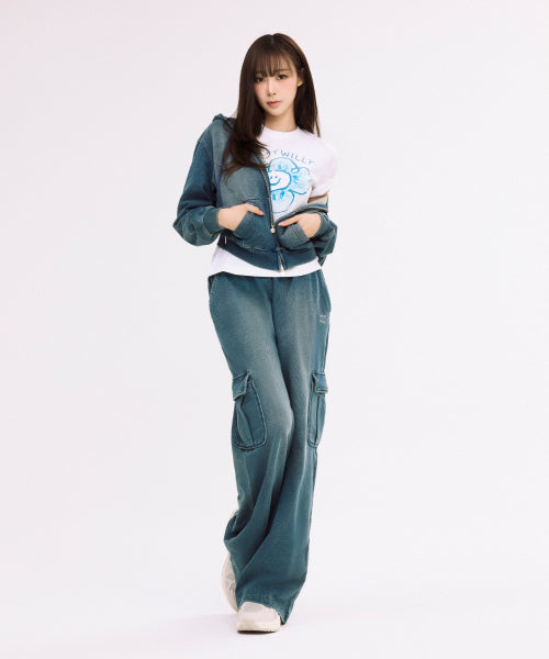 Women's jersey denim washed cargo pants blue