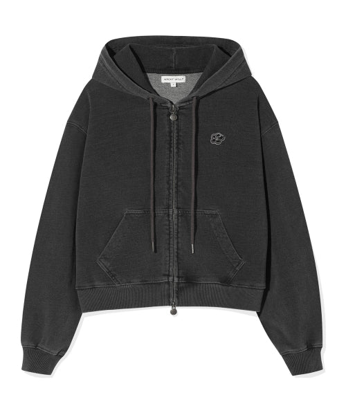 Women's denim washing cropped hooded zip-up gray