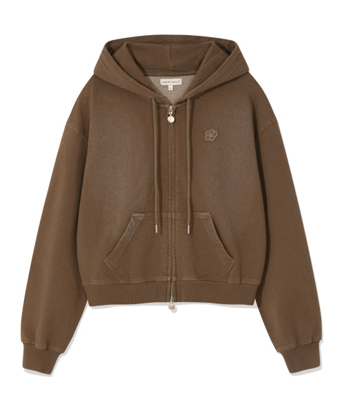Women's denim washing cropped hooded zip-up brown