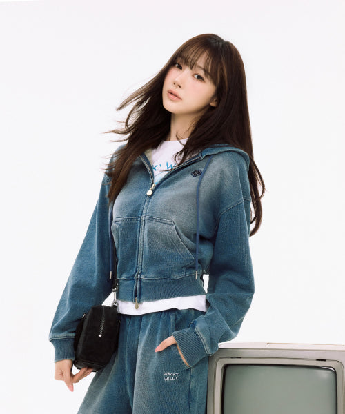 Women's denim washing cropped hooded zip-up blue