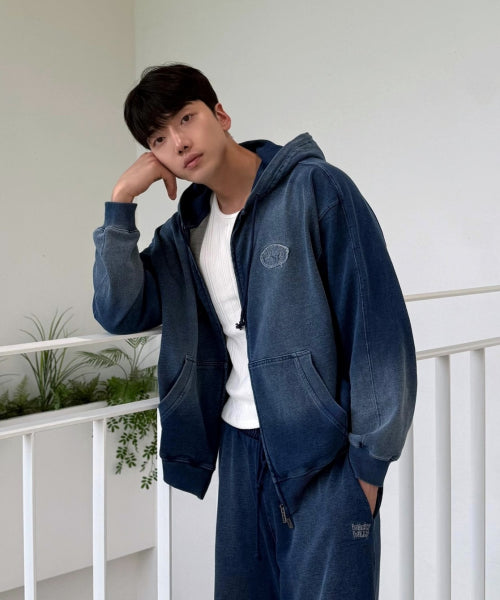 Denim like hooded zip-up indigo