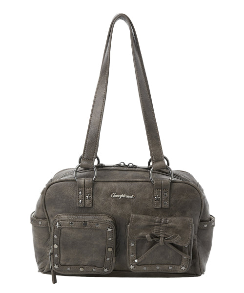 Stud Washed Leather Shoulder Bag [BROWN]