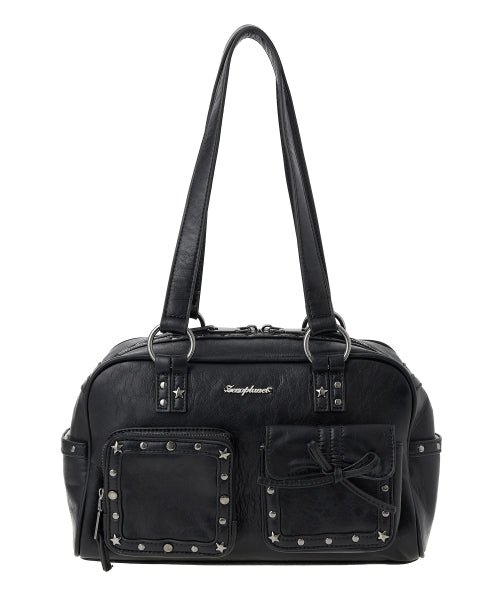 Stud Washed Leather Shoulder Bag [BLACK]