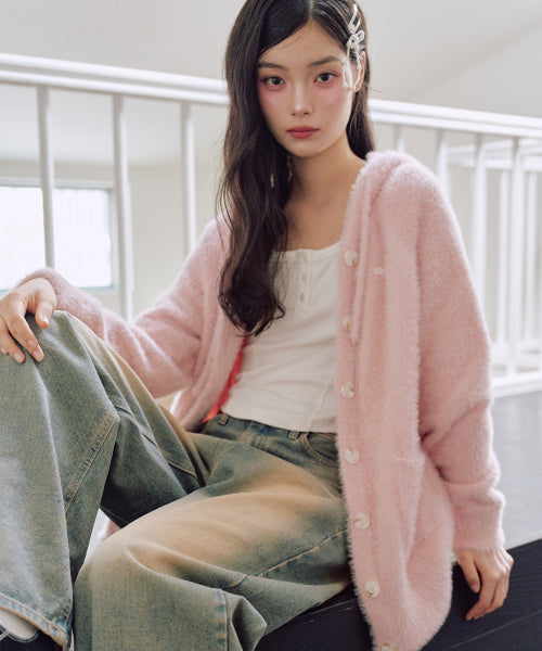 Ella Hairy Hooded Cardigan [PINK]