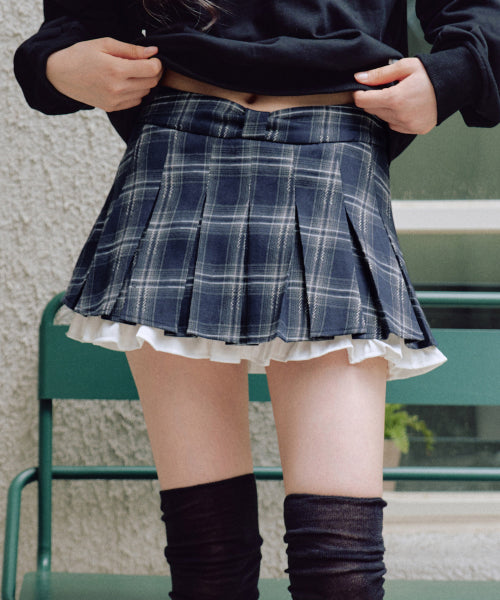 Julia Checkered Pleated Skirt Pants [NAVY]