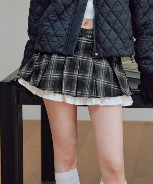 Julia Checkered Pleated Skirt Pants [BLACK]