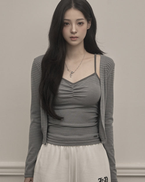 Stripe Cardigan & Sleeveless Set (gray)
