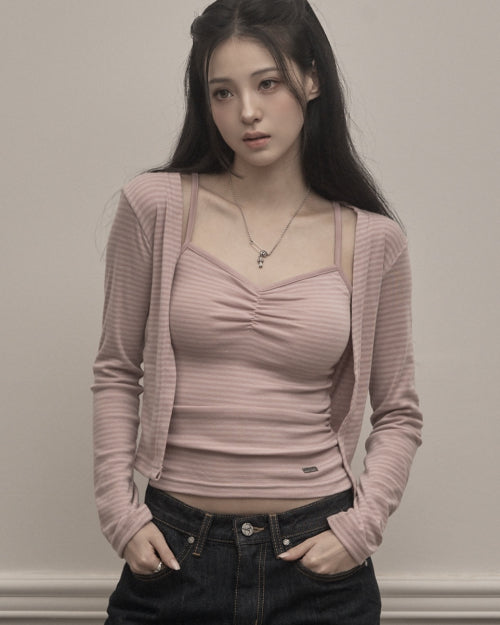 Stripe Cardigan & Sleeveless Set (pink)