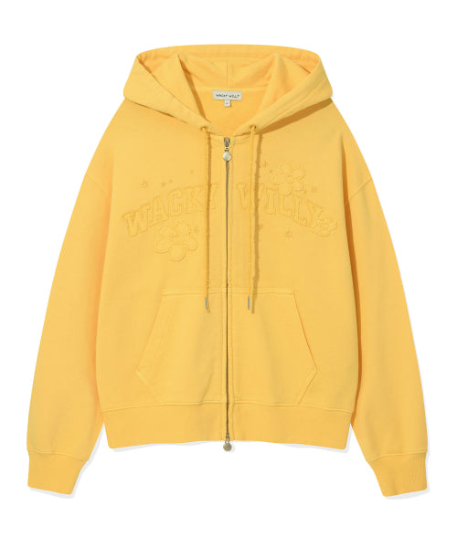 Women's Pigment Washing Applique Hooded Zip-Up Yellow