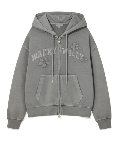 Women's Pigment Washing Applique Hooded Zip-Up Light Gray