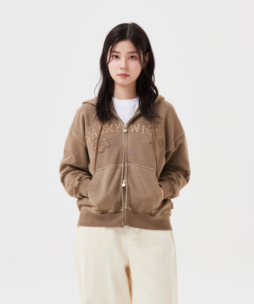 Women's Pigment Washing Applique Hooded Zip-Up Brown