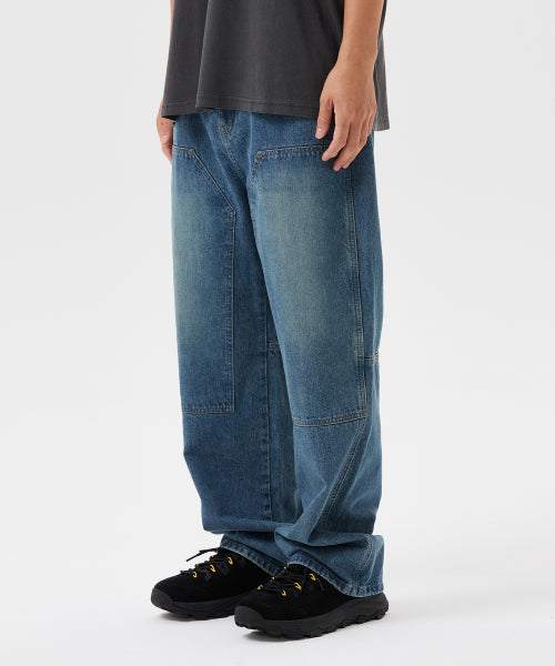 Double denim pants are indigo