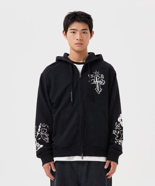 graffiti graphic hood zip-up black