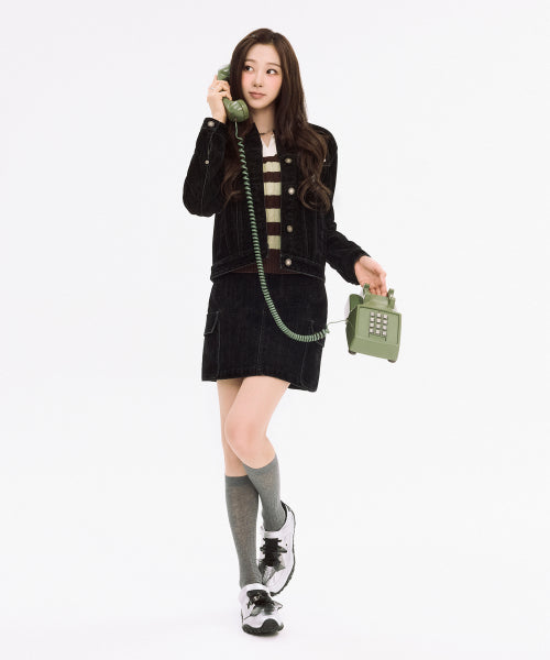Women's velvet denim cargo miniskirt black