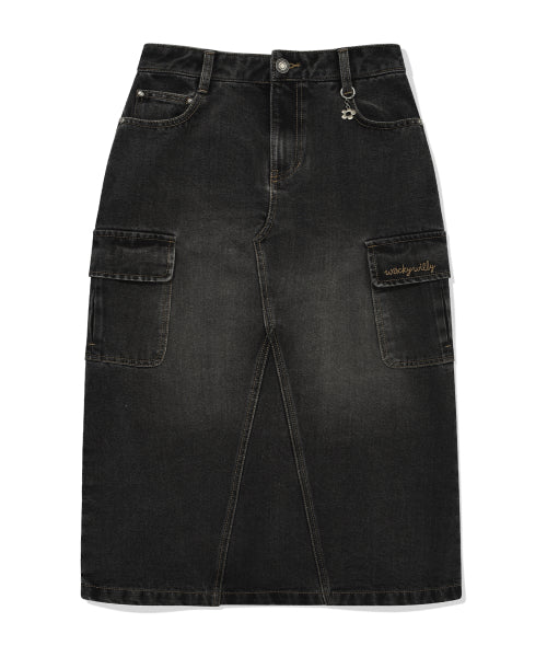 Women's denim long cargo skirt black